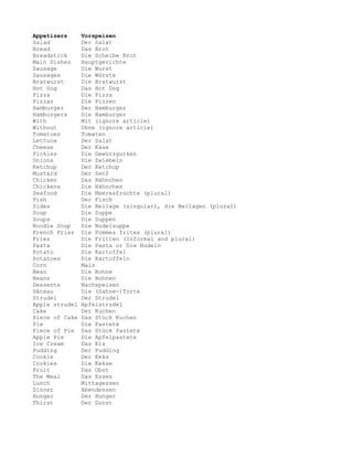Appetizers      Vorspeisen
Salad           Der Salat
Bread           Das Brot
Breadstick      Die Scheibe Brot
Main Dishes     Hauptgerichte
Sausage         Die Wurst
Sausages        Die Würste
Bratwurst       Die Bratwurst
Hot Dog         Das Hot Dog
Pizza           Die Pizza
Pizzas          Die Pizzen
Hamburger       Der Hamburger
Hamburgers      Die Hamburger
With            Mit (ignore article)
Without         Ohne (ignore article)
Tomatoes        Tomaten
Lettuce         Der Salat
Cheese          Der Käse
Pickles         Die Gewürzgurken
Onions          Die Zwiebeln
Ketchup         Der Ketchup
Mustard         Der Senf
Chicken         Das Hähnchen
Chickens        Die Hähnchen
Seafood         Die Meeresfrüchte (plural)
Fish            Der Fisch
Sides           Die Beilage (singular), die Beilagen (plural)
Soup            Die Suppe
Soups           Die Suppen
Noodle Soup     Die Nudelsuppe
French Fries    Die Pommes frites (plural)
Fries           Die Fritten (Informal and plural)
Pasta           Die Pasta or Die Nudeln
Potato          Die Kartoffel
Potatoes        Die Kartoffeln
Corn            Mais
Bean            Die Bohne
Beans           Die Bohnen
Desserts        Nachspeisen
Gâteau          Die (Sahne-)Torte
Strudel         Der Strudel
Apple strudel   Apfelstrudel
Cake            Der Kuchen
Piece of Cake   Das Stück Kuchen
Pie             Die Pastete
Piece of Pie    Das Stück Pastete
Apple Pie       Die Apfelpastete
Ice Cream       Das Eis
Pudding         Der Pudding
Cookie          Der Keks
Cookies         Die Kekse
Fruit           Das Obst
The Meal        Das Essen
Lunch           Mittagessen
Dinner          Abendessen
Hunger          Der Hunger
Thirst          Der Durst
 