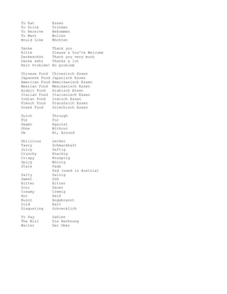 To Eat          Essen
To Drink        Trinken
To Receive      Bekommen
To Want         Wollen
Would Like      Möchten

Danke           Thank you
Bitte           Please & You're Welcome
Dankeschön      Thank you very much
Danke sehr      Thanks a lot
Kein Problem!   No problem

Chinese Food    Chinesisch Essen
Japanese Food   Japanisch Essen
American Food   Amerikanisch Essen
Mexican Food    Mexikanisch Essen
Arabic Food     Arabisch Essen
Italian Food    Italienisch Essen
Indian Food     Indisch Essen
French Food     Französich Essen
Greek Food      Griechisch Essen

Durch           Through
Für             For
Gegen           Against
Ohne            Without
Um              At, Around

Delicious       Lecker
Tasty           Schmackhaft
Juicy           Saftig
Crunchy         Knackig
Crispy          Knusprig
Spicy           Würzig
Stale           Fade
                Fad (used in Austria)
Salty           Salzig
Sweet           Süß
Bitter          Bitter
Sour            Sauer
Creamy          Cremig
Hot             Heiß
Burnt           Angebrannt
Cold            Kalt
Disgusting      Schrecklich

To Pay          Zahlen
The Bill        Die Rechnung
Waiter          Der Ober
 