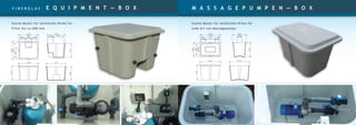 F I B E R G L A S equipment — box
Starke Boxen für nordisches Klima für
Filter bis zu 600 mm.
M A S S A G E P U M P E N — B O X
Starke Boxen für nordisches Klima für
jede Art von Massagepumpe.
 