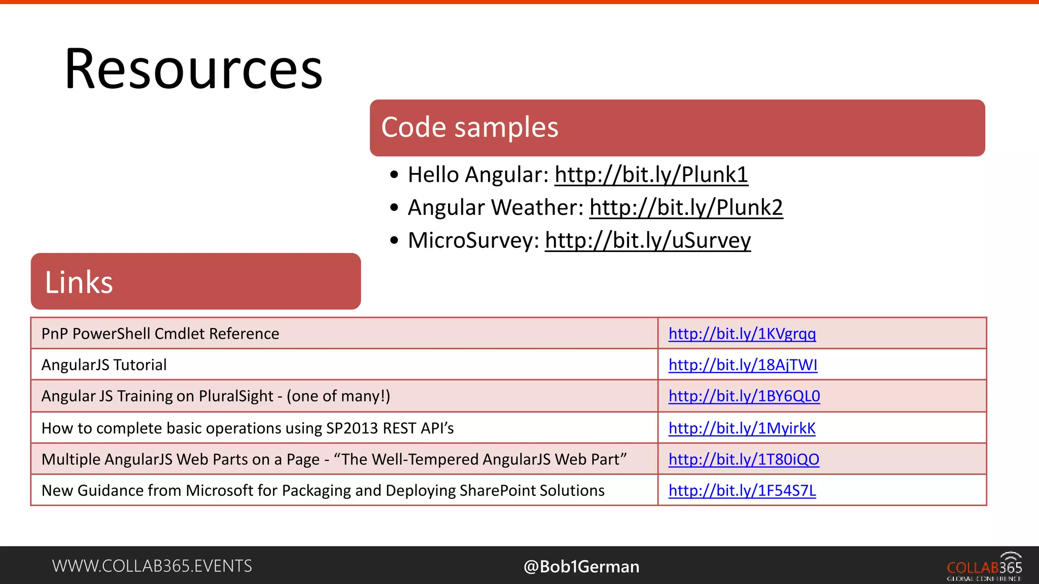 WWW.COLLAB365.EVENTS Links Resources @Bob1German PnP PowerShell Cmdlet Reference http://bit.ly/1KVgrqq AngularJS Tutorial http://bit.ly/18AjTWI Angular JS Training on PluralSight - (one of many!) http://bit.ly/1BY6QL0 How to complete basic operations using SP2013 REST API’s http://bit.ly/1MyirkK Multiple AngularJS Web Parts on a Page - “The Well-Tempered AngularJS Web Part” http://bit.ly/1T80iQO New Guidance from Microsoft for Packaging and Deploying SharePoint Solutions http://bit.ly/1F54S7L Code samples • Hello Angular: http://bit.ly/Plunk1 • Angular Weather: http://bit.ly/Plunk2 • MicroSurvey: http://bit.ly/uSurvey 