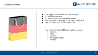 5www.haendlerbund.de
General numbers
● 2nd biggest e-commerce market in Europe
● 82 million inhabitants
● 82 % of internet users are online buyers
● B2C e-commerce turnover in 2016: 44.2 billion EUR
● sales of goods in 2016: 52.7 billion EUR
Top 5 online shops in 2016 with highest turnover:
○ Amazon
○ Otto
○ Zalando
○ Notebooksbilliger
○ Bonprix
 