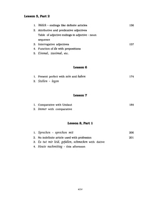 Lesson 5, Part 2
1. Welch - endings like definite arUcles
2. Attributive and predicaUve adjecUves
Table of adjective endings in adjective - noun
sequence
3. Interrogative adjectives
4. Function of da with prepositions
5. Einmal, zweimal, etc.
Lesson 6
1. Present perfect with sein and haben
2. Stellen - legen
Lesson 7
1. Comparative with Umlaut
2. Immer with comparative
Lesson 8, Part 1
1. Sprechen - sprechen mit
2. No indefinite article used with profession
3. Es tut mir leid, gefallen, schmecken with dative
4. Heute nachmittag - this afternoon
xiv
156
157
174
184
200
201
 