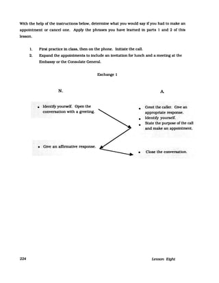 With the help ofthe instructions below, detennine what you would say 1fyou had to make an
appointment or cancel one. Apply the phrases you have learned in parts 1 and 2 of this
lesson.
l. First practice in class, then on the phone. Initiate the call.
2. Expand the appointments to include an invitation for lunch and a meeting at the
Embassy or the Consulate General.
N.
• Ideritity yotirself. Open the
.conve:rsation·with a greettng.
• «Giveari·affirritative response.
Exchange 1
•
•
•
A
Greeflhe cället.GiVean
appropriate·.response.
IdenUfy:yourself.
State the purpose ofthecall
and.malte >an appoiritment.
• Closethe>co:nve:rsaUo:n.
224 Lesson Eight
 