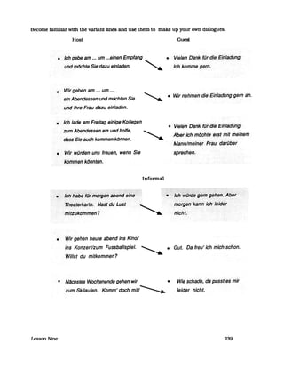 Become familiar with the variant lines and use them to make up your own dialogues.
Host Guest
• Ich gebe am ... um ...einen Emptang • Vielen DanklürdieEirJladLJng.
und mlJchte Sie dazu einladen. ~ Ich kommegerfl.
• Wir geben am ... um ...
ein Abendessen und mochten Sie
und Ihre Frau dazu einladen.
~ • Wir nehmen die Einladung gern an.
• Ich.lade am Freitag einige Kollegen
zum Abendessen ein und hoffe,
dass Sie auch kommen klJnnen.
• Wir warden uns freuen, wenn Sie
kefmmen ktJnnten.
Informal
..·...·~.·I,~!I;~k~,~~~Ei~Eith~i
Theaterkarte. HastduLust ............. ..
rnitzukommen? ~
• Wir gehen heute abend ins Kinol
ins Konzert/zum Fussballspiel.
Willst du mitkommen?
• Vielen·Dank für die Einladung.
Aber ich.mCJchteerstfr1it ·meiflem
Mannlmeiner.Fisudärüber
sprechen.
............ -:::::::::::::: ........ .
fn6ig'§f,kal1l1i~h/~jaef
nicht
• Gut. Da treu' ich mich schon.
• Nlichstes Wochenende gehen wir • Wieschade,·dapassfesmir
zum Ski/auten. Komm' doch mit/~ leider nicht.
LessonNine 239
 
