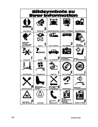 120
BlldlQrlllllole ZU
11I... lllfO.lnatloll
Auskunftsburo
Gepacktrager-
Rufanlage
und Gepacktrager-
aufenthaltsraum
*Nichtraucher
F
Geldwechsel
Postamt e
l'_
Raucher
Heizungsschalter Luftungsschalter
x'-'•• Bedienung des
••• Wasserflusses durch
Bahnhofsrestaurant Fußhebel
Nicht offnen. 0bevor der Zug halt Lichtschalter
Gepackaufbewahrung Gepack Im Schhe8f.~h Gepack.bfemgung
Auto am Bahnhof
HTaxl-Haltestenen
'E' I I i'
I)
Bus-H.ltest.lI.
ZOllabfertlgung..tell.n
~F.hrk.rt.n- fverk.ufsatell.n
und Zollburos Sitzplatz IIn den Bahnhöfen fur Schwerbeschadlgt.
~®®J I( LWaschraum Kein Trinkwasser Nichts hln.uswerf.n
RlchtungSlChlld Ntur den Weg
zum Speisewagen
Fernsprecher Pund
Zugfernsprecher
220V-
R.sl....teckdose
Behalt.r
zur Unterbringung
gebrauchter
Handtucher
In den Waschraumen
Regelsch.lter
fur L.utsprech.ranl.gen
liIQB.h.'ter tur Abf.lle
Lesson Four
 