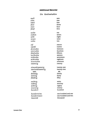 LessonOne
Additional Material
null
eins
zwei
drei
vier
fünf
sechs
sieben
acht
neun
zehn
elf
zwölf
dreizehn
vierzehn
fünfzehn
sechzehn
siebzehn
achtzehn
neunzehn
zwanzig
Die Kardinalzahlen
einundzwanzig
zweiundzwanzig
usw.
dreissig
vierzig
fünfzig
sechzig
siebzig
achtzig
neunzig
hundert
hunderteins
hundertzwei
tausend
zero
one
two
three
four
five
six
seven
eight
nine
ten
eleven
twelve
thirteen
fourteen
fifteen
sixteen
seventeen
eighteen
nineteen
twenty
twenty-one
twenty-two
etc.
thirty
forty
fifty
sixty
seventy
eighty
ninety
hundred
one hundred and one
one hundred and two
thousand
9
 