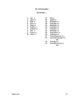 Die Ordinalzahlen
der/die/das 000
1. erst -e 11. elf-t-e
2. zwei-t-e 12. zwölJ-t-e
3. dritt- e 13. dreizehn-t-e
4. vier-t-e 14. vierzehn-t-e
5. Jünf-t-e 15. JünJzehn-t-e
6. sechs-t-e 16. sechzehn-t-e
7. siebeen)-t-e 17. siebzehn-t-e
8. acht -e 18. achtzehn-t-e
9. neun-t-e 19. neunzehn-t-e
10. zehn-t-e 20. zwanzig-st-e
21. einundzwanzig-st-e
22. zweiundzwanzig-st-e
usw.
30. dreissig-st-e
31. einunddreissig-st-e
usw.
LesSOll n.vo 41
 