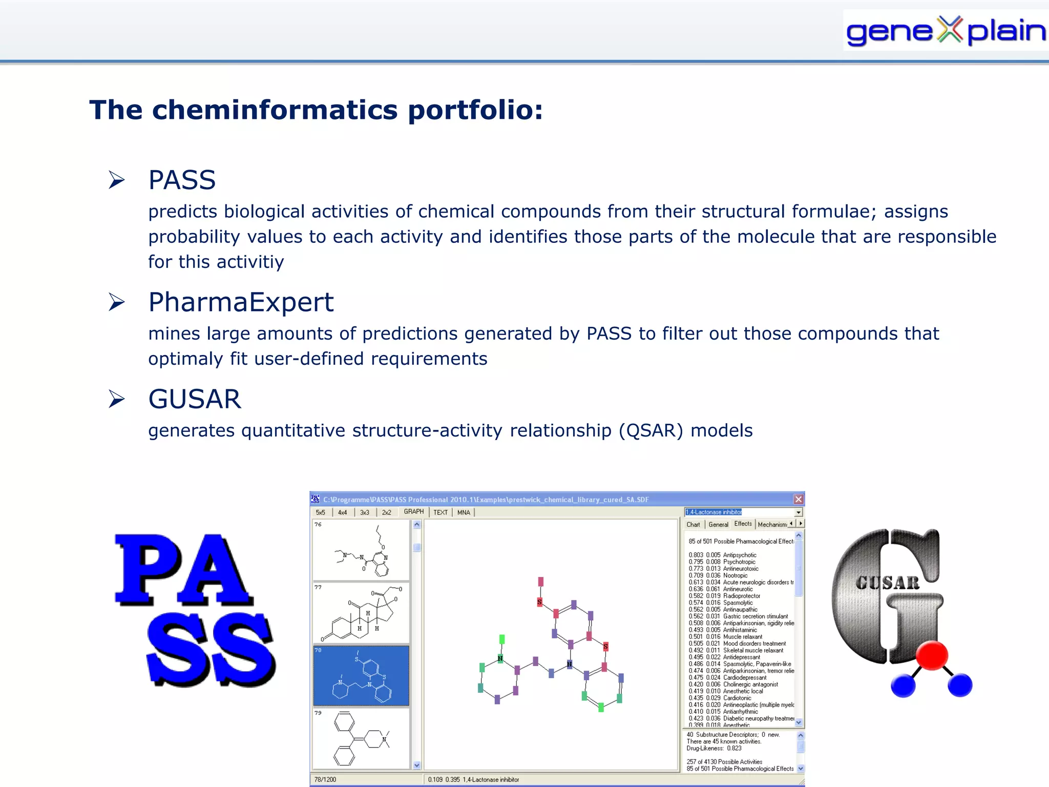 The cheminformatics portfolio:

  PASS
   predicts biological activities of chemical compounds from their structural formulae; assigns
   probability values to each activity and identifies those parts of the molecule that are responsible
   for this activitiy

  PharmaExpert
   mines large amounts of predictions generated by PASS to filter out those compounds that
   optimaly fit user-defined requirements

  GUSAR
   generates quantitative structure-activity relationship (QSAR) models
 
