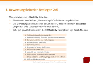 1. Bewertungskriterien festlegen 2/6 
• Mensch-Maschine – Usability Kriterien 
• Einsatz von Heuristiken („Daumenregeln“) als Bewertungskriterien 
• Die Einhaltung von Heuristiken gewährleistet, dass eine System benutzbar 
umgesetzt wird (Expertenbasierte Maßnahme) 
• Sehr gut bewährt haben sich die 10 Usability Heuristiken von Jakob Nielsen 
1. Sichtbarkeit des Systemzustandes 
2. Übereinstimmung zwischen System und der Realwelt 
3. Benutzerkontrolle und Freiheitsgrade 
4. Konsistenz und Standards 
5. Fehlerprävention 
6. Erkennen ist besser als Erinnern 
7. Flexibilität und Effizienz 
8. Ästhetik und minimales Design 
9. Hilfe für den Anwender beim Erkennen, 
Diagnostizieren und Rückgängig machen von Fehlern 
10. Hilfe und Dokumentation 
Quelle: http://www.nngroup.com/articles/ten-usability-heuristics/ 
 