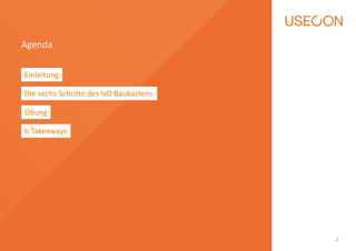 Agenda 
2 
Einleitung 
Die sechs Schritte des IxD Baukastens 
Übung 
6 Takeaways 
 