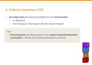 4. Kriterien bewerten 2/10 
• 10-stufige Skala der klassischen NWA hat sich nicht bewährt 
• zu detailliert 
• eine Einigung in der Gruppe oft sehr schwer möglich 
Tipp 
• Dokumentation der Bewertung für eine spätere Nachvollziehbarkeit 
unerlässlich -> Einsatz der Kommentarfunktion von Excel 
 