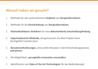Wonach haben wir gesucht? 
1. Methode für den systematischen Vergleich von Designalternativen 
2. Methode für die Einschränkung von Designalternativen 
3. Nachvollziehbares Verfahren für eine dokumentierte Entscheidungsfindung 
4. Expertenbasierte Methode, die gemeinsam mit dem Projekt-Team 
durchgeführt werden kann 
5. Benutzeranforderungen, ohne echte Benutzer in den Entscheidungsprozess 
aufnehmen 
6. Die Möglichkeit, sprunghafte Innovation anzustoßen 
7. Identifizieren von State of the Art-Technologien für das Bedienkonzept 
 