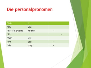 Die personalpronomen
I* Ich
you* Du
-he-she* Er – sie (klein)
–* Es
we* Wir
-you* Ihr
-they* sie
 