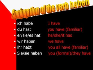 • ich habe I have
• du hast you have (familiar)
• er/sie/es hat he/she/it has
• wir haben we have
• ihr habt you all have (familiar)
• Sie/sie haben you (formal)/they have
 