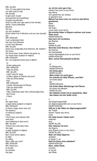MR. ALLEN 
Yes, I'm very glad to be here. 
my wife (subj or obj) 
the climate 
to get used, to get 
accustomed (to something) 
he gets accustomed 
Only my wife can't get used to the climate. 
rather, more preferable 
Bavaria 
the san 
our son (subject) 
She'd rather live in Bavaria, and our san (would) 
too. 
MR. KÖHLER 
I can understand that. 
the man from Bremen 
a man from Bremen 
MR. ALLEN 
Aren't you (originally) from Bremen, Mr. Köhler? 
the home 
the home town, town where one grew up 
my home town (subject or object) 
MR. KÖHLER 
No, my (original) home town is Berlin. 
Ja, ich bin sehr gern hier. 
meine Frau (nom or acc form) 
das Klima 
sich gewöhnen (an etwas) 
er gewöhnt sich 
Meine Frau kann sich nur nicht an das Klima 
gewöhnen. 
lieber 
Bayern 
der Sohn 
unser Sohn (nom form) 
Sie möchte lieber in Bayern wohnen und unser 
Sohn auch. 
HERR KÖHLER 
Das kann ich verstehen. 
der Bremer 
Bremer 
HERR ALLEN 
Sind Sie nicht Bremer, Herr Köhler? 
die Heimat 
die Heimatstadt 
meine Heimatstadt (nom or acc form) 
HERR KÖHLER 
Nein, meine Heimatstadt ist Berlin. 
IV 
At the restaurant. 
MR. KÖHLER 
I like (to drink) 
MR. ALLEN 
I don't care for wine. 
I'd lilte a glass of Pilsner and you? 
I like (to drink) better 
than 
MR. KÖHLER 
I prefer Würzburger to Pilsner. 
I like (to drink) best 
MR. ALLEN 
I lilte Löwenbräu best. But unfortunately they 
don't have 
it here. 
IV 
Im Restaurant. 
HERR KÖHLER 
Ich trinke gern. 
HERR ALLEN 
Wein trinke ich nicht gern. 
Ich möchte ein Glas Pilsner, und Sie? 
ich trinke lieber 
als 
HERR KÖHLER 
Ich trinke lieber Würzburger als Pilsner. 
ich trinke am liebsten 
HERR ALLEN 
Am liebsten trinke ich ja Löwenbräu. Aber 
das haben sie hier leider nicht. 
V the cigar store 
a cigar store (subject or object) 
MR. KÖHLER 
Is there a cigar store near by? 
the tobacco 
no tobacco (object) 
more 
I don't have any tobacco left. 
next door 
one (referring to das-noun) 
MR. ALLEN 
There's one next door here. 
the cigar 
a cigar (subject or object) 
MR. ALLEN 
But I have some cigars. 
to offer 
he offers 
May I offer you one? 
MR. KÖHLER 
NO, thank you. 
to smoke 
he smokes 
the pipe 
V das Zigarrengeschäft 
ein Zigarrengeschäft (nom or acc form) 
HERR KÖHLER 
Gibt es in der Nähe ein Zigarrengeschäft? 
der Tabak 
keinen Tabak (acc form) 
mehr 
Ich habe keinen Tabak mehr. 
nebenan 
eins 
HERR ALLEN 
Hier nebenan ist eins. 
die Zigarre 
eine Zigarre (nom or acc form) 
HERR ALLEN 
Aber ich habe Zigarren. 
anbieten 
er bietet ••• an 
Darf ich Ihnen eine anbieten? 
HERR KÖHLER 
Nein, vielen Dank. 
rauchen 
er raucht 
die Pfeife 
 