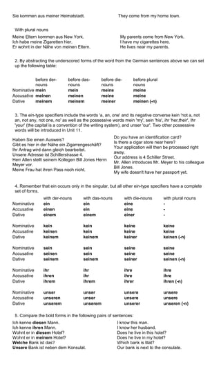 Sie kommen aus meiner Heimatstadt. They come from my horne town. 
With plural nouns 
Meine Eltern kommen aus New York. 
Ich habe meine Zigaretten hier. 
Er wohnt in der Nähe von meinen Eltern. 
My parents come from New York. 
I have my cigarettes here. 
He lives near my parents. 
2. By abstracting the underscored forms of the word from the German sentences above we can set 
up the following table: 
before der-nouns 
before das-nouns 
before die-nouns 
before plural 
nouns 
Nominative mein mein meine meine 
Accusative meinen meinen meine meine 
Dative meinem meinem meiner meinen (-n) 
3. The ein-type specifiers include the words 'a, an, one' and its negative converse kein 'not a, not 
an, not any, not one, no' as weIl as the possessive words mein 'my', sein 'his', ihr 'her,their', Ihr 
'your' (the capital is a convention of the writing system), and unser 'our'. Two other possessive 
words will be introduced in Unit 11. 
Haben Sie einen Ausweis? 
Gibt es hier in der Nähe ein Zigarrengeschäft? 
Ihr Antrag wird dann gleich bearbeitet. 
Unsere Adresse ist Schillerstrasse 4. 
Herr Allen stellt seinem Kollegen Bill Jones Herrn 
Meyer vor. 
Meine Frau hat ihren Pass noch nicht. 
Do you have an identification card? 
Is there a cigar store near here? 
Your application will then be processed right 
away. 
Our address is 4 Schiller Street. 
Mr. Allen introduces Mr. Meyer to his colleague 
Bill Jones. 
My wife doesn't have her passport yet. 
4. Remember that ein occurs only in the singular, but all other ein-type specifiers have a complete 
set of forms. 
with der-nouns with das-nouns with die-nouns with plural nouns 
Nominative ein ein eine - 
Accusative einen ein eine - 
Dative einem einem einer - 
Nominative kein kein keine keine 
Accusative keinen kein keine keine 
Dative keinem keinem keiner keinen (-n) 
Nominative sein sein seine seine 
Accusative seinen sein seine seine 
Dative seinem seinem seiner seinen (-n) 
Nominative ihr ihr ihre ihre 
Accusative ihren ihr ihre ihre 
Dative ihrem ihrem ihrer ihren (-n) 
Nominative unser unser unsere unsere 
Accusative unseren unser unsere unsere 
Dative unserem unserem unserer unseren (-n) 
5. Compare the bold forms in the following pairs of sentences: 
Ich kenne diesen Mann. 
Ich kenne ihren Mann. 
Wohnt er in diesem Hotel? 
Wohnt er in meinem Hotel? 
Welche Bank ist das? 
Unsere Bank ist neben dem Konsulat. 
I know this man. 
I know her husband. 
Does he live in this hotel? 
Does he live in my hotel? 
Which bank is tllat? 
Our bank is next to the consulate. 
 