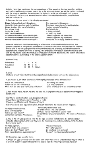 In Units 1 and 3 we mentioned the correspondence of final sounds in der-type specifiers and the 
various forms of the pronouns er, es and sie. In the above sentences we see the pattern continued 
with the ein-type specifiers. In most cases the similarity can be traced through both types of 
specifiers and the pronouns: keinen-diesen-ihn-den, ihrem-welchem-ihm-dem, unsere-diese-welche, 
for instance. 
6. Compare the bold forms in the following sentences: 
Dieser Autobus fährt nach Schwäbing. 
Heute fährt kein Autobus nach Schwäbing. 
Unser Autobus fährt nach Schwäbing. 
Das ist das Hotel. 
Ist das Ihr Hotel? 
Nein, das ist mein Hotel. 
Ich möchte heute das Visum beantragen. 
Ich möchte heute mein Visum beantragen. 
Möchte sie heute ihr Visum beantragen? 
This bus goes to Schwabing. 
There's no bus going to Schwabing today. 
Our bus goes to Schwabing. 
That's the hotel. 
Is that your hotel? 
No, that's my hotel. 
I'd like to apply for the visa today. 
I'd like to apply for my visa today. 
Would she like to apply for her visa today? 
Note that there is no consistent similarity of final sounds in the underlined forms above. The 
patterns observed in paragraph 5 do not show up in dieser-kein-unser and das-mein-Ihr. There is 
then a form of the ein-type specifiers in which the final sound, or ending, found in the der-type 
specifiers and personal pronouns is lacking. This endingless form occurs as the Nominative form 
with der-nouns and as the Nominative and Accusative form with das-nouns. The pattern for ein-type 
specifiers can be summed up in the following pattern chart: 
Pattern Chart 2 
Nominative - - E E 
Accusative N N E E 
Dative M M R N (-n) 
II. Uses 
We have already noted that the ein-type specifiers include ein and kein and the possessives. 
1. ein means 'a, an' when unstressed. With slightly increased stress it means 'one'. 
Er füllt ein Formular aus. 
Füllen Sie nur ein Formular aus. 
Muss man ein oder zwei Formulare ausfüllen? 
He's filling out a form. 
Just fill out one form. 
Does one have to fill out one or two forms? 
2. kein means 'not a, not an, not any, not one, no'. In English we have an option in many negative 
statements: 
I don't have an identification card. (Negation of verb) 
I haven't any identification card. (Negation of verb) 
I have no identification card. (Negation of noun) 
In German there is no equivalent option. In such statements the noun is always negated. 
Ich habe keinen Ausweis. 
Er ist kein Deutscher. 
Haben Sie kein Visum? 
Wir kennen hier keine Amerikaner. 
I haven't any identification card. 
He isn't German. / He' s no German. 
Don't you have a visa? / Have you no visa? 
We don't know any Americans here. / We know no Americans 
here. 
3. Any of the ein-type specifiers - like the der-type specifiers (noted in Unit 3) - can also occur 
without a following noun, and here they have the meanings 'one, not one, not any, mine, his, hers, 
theirs, yours, ours' . 
Ich habe Zigarren. 
I have some cigars. 
Darf ich Ihnen eine anbieten? 
May I offer you one? 
Haben Sie Ihren Wagen hier? 
Do you have your car here? 
Nein, haben Sie Ihren auch nicht hier? 
No, don't you have yours here either? 
III. Special ein-type specifier forms 
1. MOST ein-type specifiers have the same form when their noun is understood as they do when it 
is present, as can be seen in the sentences above. Note the following examples, however: 
 