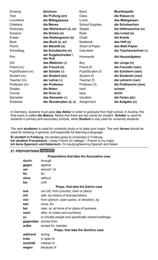 Drawing Zeichnen Band Musikkapelle 
Test die Prüfung (en) Class die Klasse (n) 
Lunchtime die Mittagspause Lunch das Mittagessen 
Cafeteria die Mensa School Supplies die Schulsachen 
Dictionary das Wörterbuch (ü, er) Stapler die Heftmaschine (n) 
Scissors die Schere (n) Ruler das Lineal (e) 
Eraser das Radiergummi (s) Chalk die Kreide 
Book das Buch (ü, er) Notebook das Heft (e) 
Pencil der Bleistift (e) Sheet of Paper das Blatt Papier 
Schoolbag die Schultasche (n) Calculator der Taschenrechner (-) 
Pen der Kugelschreiber / 
der Kuli Homework die Hausaufgaben 
Girl das Mädchen (-) Boy der Junge (n) 
Friend (m) der Freund (e) Friend (f) die Freundin (nen) 
Pupil/Student (m) der Schüler (-) Pupil/Student (f) die Schülerin (nen) 
Student (m) der Student (en) Student (f) die Studentin (nen) 
Teacher (m) der Lehrer (-) Teacher (f) die Lehrerin (nen) 
Professor (m) der Professor Professor (f) die Professorin (nen) 
Grades die Noten hard schwer 
Course der Kurs (e) easy leicht 
Semester das Semester (-) Vacation die Ferien (pl.) 
Schedule der Stundenplan (ä, e) Assignment die Aufgabe (n) 
In Germany, students must pass das Abitur in order to graduate from high school. In Austria, this 
final exam is called die Matura. Notice that there are two words for student: Schüler is used for 
students in primary and secondary schools, while Student is only used for university students. 
The verb studieren is used for university study or to state your major. The verb lernen should be 
used for studying in general, and especially for learning a language. 
Er studiert in Freiburg. He studies (goes to university) in Freiburg. 
Ich studiere Französisch. I study French (in college). / French is my major. 
Ich lerne Spanisch und Italienisch. I'm studying/learning Spanish and Italian. 
27. PREPOSITIONS 
Prepositions that take the Accusative case 
durch through 
gegen against 
um around / at 
für for 
ohne without 
bis until 
Preps. that take the Dative case 
aus out (of), from (country, town or place) 
mit with, by means of (transportation) 
von from (person, open space, or direction), by 
seit since, for 
bei near, at, at home of or place of business 
nach after, to (cities and countries) 
zu to (mostly people and specifically named buildings) 
gegenüber across from 
außer except for, besides 
Preps. that take the Genitive case 
während during 
trotz in spite of 
(an)statt instead of 
wegen because of 
 