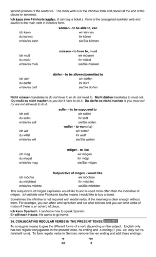 second position of the sentence. The main verb is in the infinitive form and placed at the end of the 
clause or sentence. 
Ich kann eine Fahrkarte kaufen. (I can buy a ticket.) Kann is the conjugated auxiliary verb and 
kaufen is the main verb in infinitive form. 
können - to be able to, can 
ich kann wir können 
du kannst ihr könnt 
er/sie/es kann sie/Sie können 
müssen - to have to, must 
ich muß wir müssen 
du mußt ihr müsst 
er/sie/es muß sie/Sie müssen 
dürfen - to be allowed/permitted to 
ich darf wir dürfen 
du darfst ihr dürft 
er/sie/es darf sie/Sie dürfen 
Nicht müssen translates to do not have to or do not need to. Nicht dürfen translates to must not. 
Du mußt es nicht machen is you don't have to do it. Du darfst es nicht machen is you must not 
(or are not allowed) to do it. 
sollen - to be supposed to 
ich soll wir sollen 
du sollst ihr sollt 
er/sie/es soll sie/Sie sollen 
wollen - to want (to) 
ich will wir wollen 
du willst ihr wollt 
er/sie/es will sie/Sie wollen 
mögen - to like 
ich mag wir mögen 
du magst ihr mögt 
er/sie/es mag sie/Sie mögen 
Subjunctive of mögen - would like 
ich möchte wir möchten 
du möchtest ihr möchtet 
er/sie/es möchte sie/Sie möchten 
This subjunctive of mögen expresses would like to and is used more often than the indicative of 
mögen. Ich möchte eine Fahrkarte kaufen means I would like to buy a ticket. 
Sometimes the infinitive is not required with modal verbs, if the meaning is clear enough without 
them. For example, you can often omit sprechen and tun after können and you can omit verbs of 
motion if there is an adverb of place. 
Ich kann Spanisch. I can/know how to speak Spanish. 
Er will nach Hause. He wants to go home. 
34. CONJUGATING REGULAR VERBS IN THE PRESENT TENSE 
To conjugate means to give the different forms of a verb depending on the subject. English only 
has two regular conjugations in the present tense, no ending and -s ending (I, you, we, they run vs. 
he/she/it runs). To form regular verbs in German, remove the -en ending and add these endings: 
-e -en 
-st -t 
 