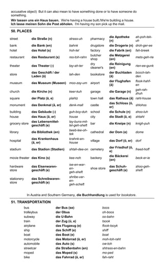 accusative object) But it can also mean to have something done or to have someone do 
something. 
Wir lassen uns ein Haus bauen. We're having a house built./We're building a house. 
Ich lasse meinen Sohn die Post abholen. I'm having my son pick up the mail. 
50. PLACES 
street die Straße (n) strass-uh pharmacy die Apotheke 
(n) 
ah-poh-tek-uh 
bank die Bank (en) bahnk drugstore die Drogerie (n) droh-ger-ee 
hotel das Hotel (s) hoh-tel factory die Fabrik (en) fah-breek 
restaurant das Restaurant (s) res-toh-rahn butcher 
shop 
die Metzgerei 
(en) mets-geh-rie 
theater das Theater (-) tay-ah-ter dry 
cleaner's 
die Reinigung 
(en) rien-ee-gunk 
store das Geschäft / der 
Laden (ä) lah-den bookstore der Buchladen 
(ä) 
booch-lah-den 
museum das Museum (Museen) moo-zay-um airport der Flughafen 
(ä) 
flook-hahf-en 
church die Kirche (n) keer-kuh garage die Garage (n) gah-rah-zhuh 
square der Platz (ä, e) plahtz town hall das Rathaus (ä) raht-house 
monument das Denkmal (ä, er) denk-mall castle das Schloss (ö, 
er) shlohss 
building das Gebäude (-) guh-boy-duh school die Schule (n) shoo-luh 
house das Haus (ä, er) house city die Stadt (ä, e) shtaht 
grocery store das Lebensmittel-geschäft 
(e) 
lay-buns-mit-tel- 
geh-sheft bar die Kneipe (n) knigh-puh 
library die Bibliothek (en) beeb-lee-oh-tek 
cathedral der Dom (e) dome 
hospital das Krankenhaus 
(ä, er) 
krahnk-en-house 
village das Dorf (ö, er) dorf 
stadium das Stadion (Stadien) shtah-dee-on cemetery der Friedhof (ö, 
e) freed-hoff 
movie theater das Kino (s) kee-noh backery die Bäckerei 
(en) beck-er-ie 
hardware 
store 
das Eisenwaren-geschäft 
(e) 
ise-en-war-en-geh- 
sheft 
shoe store das Schuh-geschäft 
(e) 
shoo-geh-sheft 
stationery 
store 
das Schreibwaren-geschäft 
(e) 
shribe-var-en-geh- 
scheft 
In Austria and Southern Germany, die Buchhandlung is used for bookstore. 
51. TRANSPORTATION 
bus der Bus (se) boos 
trolleybus der Obus oh-boos 
subway die U-Bahn oo-bahn 
train der Zug (ü, e) tsook 
airplane das Flugzeug (e) flook-tsoyk 
ship das Schiff (e) shiff 
boat das Boot (e) boat 
motorcycle das Motorrad (ä, er) moh-toh-raht 
automobile das Auto (s) ow-toh 
streetcar die Straßenbahn (en) shtrass-en-bahn 
moped das Moped (s) mo-ped 
bike das Fahrrad (ä, er) fah-raht 
 