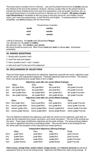 The future tense is simple to form in German. Just use the present tense forms of werden and put 
the infinitive to the end of the sentence. However, German usually relies on the present tense to 
indicate the future (implied future) and uses time expressions, such as tonight, tomorrow, etc. so 
the actual future tense is not quite as common in German as it is in English. Wir gehen morgen 
nach Deutschland is translated as We are going to Germany tomorrow, and implies a future 
action, yet it uses the present tense, in both German and English. To express present or future 
probability, use wohl (probably) with the future tense. 
Present tense of werden 
werde werden 
wirst werdet 
wird werden 
I will fly to Germany. Ich werde nach Deutschland fliegen. 
You will help me! Du wirst mir helfen! 
We will learn Latin. Wir werden Latein lernen. 
My friend should be home now. Mein Freund wird jetzt wohl zu Hause sein. (Expresses 
probability) 
58. ASKING QUESTIONS 
1. Simply add a question mark 
2. Invert the verb and subject 
3. Use a question word + verb + subject 
4. Add nicht wahr? to the end of the statement 
59. DECLENSIONS OF ADJECTIVES 
There are three types of declensions for adjectives: adjectives used with der words, adjectives used 
with ein words, and independent adjectives. Predicate adjectives (Das brot ist frisch. The bread is 
fresh.) are not declined and usually follow a form of sein. 
Adjectives used after der words (Weak Endings) 
Masc. Fem. Neu. Plural 
Nom. der gute Wein die gute Milch das gute Brot die guten Freunde 
Acc. den guten Wein die gute Milch das gute Brot die guten Freunde 
Dat. dem guten Wein der guten Milch dem guten Brot den guten Freunden 
Gen. des guten Weines der guten Milch des guten Brotes der guten Freunde 
Adjectives used after ein words (Weak Endings) 
Masc. Fem. Neu. Plural 
Nom. kein guter Wein keine gute Milch kein gutes Brot keine guten Freunde 
Acc. keinen guten Wein keine gute Milch kein gutes Brot keine guten Freunde 
Dat. keinem guten Wein keiner guten Milch keinem guten Brot keinen guten Freunden 
Gen. keines guten Weines keiner guten Milch keines guten Brotes keiner guten Freunde 
The only difference between the adjectives used after der words and the adjectives used after ein 
words are the masculine and neuter nominative, and neuter accusative. The rest of the endings are 
the same. These types of attributive adjectives are the weak endings. The strong endings (below) 
are used on adjectives that have no preceding article. They are the same as the endings for the 
der words (with the exception of the masculine and neuter genitive.) 
Independent Adjectives (Strong Endings) 
Masc. Fem. Neu. Plural 
Nom. guter Wein gute Milch gutes Brot gute Freunde 
Acc. guten Wein gute Milch gutes Brot gute Freunde 
Dat. gutem Wein guter Milch gutem Brot guten Freunden 
Gen. guten Weines guter Milch guten Brotes guter Freunde 
Viele (many), wenige (few), andere (other), einige (some), and mehrere (several) are all plural 
expressions that do not act as limiting words. Adjectives that follow them take strong endings. In 
 