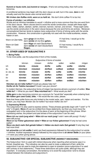 Kommt er heute nicht, (so) kommt er morgen. If he's not coming today, then he'll come 
tomorrow. 
A conditional sentence may begin with the dann clause as well; but in this case, dann is not 
actually used and the clause uses normal word order: 
Wir trinken den Kaffee nicht, wenn er zu heiß ist. We don't drink coffee if it is too hot. 
Forms of würden + an infinitive 
Würde and an infinitive translates to would + infinitive and is more common than the one word form 
in the dann clause. Wenn clauses tend to avoid the würde construction, except with these eight 
verbs: helfen, stehen, sterben, werfen, brennen, kennen, nennen, and rennen. These eight verbs 
use the würde construction in the wenn clause because the one word forms are archaic. Moreover, 
conversational German tends to replace many subjunctive II forms of strong verbs with the würde 
construction. However, this construction is generally not used with the modal auxiliaries, wissen, 
haben or sein. 
Wenn ich Zeit hätte, dann ginge ich ins Kino. 
dann würde ich ins Kino gehen. 
If I had time, I would go to the 
movies. 
Wenn ich Geld 
hätte, 
dann flöge ich nach Deutschland. 
dann würde ich nach Deutschland 
fliegen. 
If I had money, I would fly to 
Germany. 
91. OTHER USES OF SUBJUNCTIVE II 
1. Being Polite 
To be more polite, use the subjunctive II form of the modals. 
Subjunctive II forms of modals 
können müssen dürfen sollen wollen mögen 
ich könnte müsste dürfte sollte wollte möchte 
du könntest müsstest dürftest solltest wolltest möchtest 
er, sie, es könnte müsste dürfte sollte wollte möchte 
wir könnten müssten dürften sollten wollten möchten 
ihr könntet müsstet dürftet solltet wolltet möchtet 
sie könnten müssten dürften sollten wollten möchten 
Könnten sie mir bitte helfen? Could you please help me? 
Dürfte ich Ihr Telefon benutzen? Could I use your phone? 
In modern German, the subjunctive forms of mögen has become almost a synonym of wollen. Was 
willst du? = What do you want? Was möchtest du? = What would you like? 
Hätte gern is also becoming common as a synonym for "would like" especially when ordering food. 
Wir hätten gern zwei Colas, bitte. = We would like two colas, please. 
Note that these polite forms are only limited to the modal verbs, sein, haben and werden. For this 
reason, you may hear Würden Sie mir helfen? but never Hülfen Sie mir? 
2. Expressing Wishes 
The subjunctive II is also used to express wishes. These phrases generally begin with "I wish" or "If 
only" in English. Wenn (if) can be omitted from these statements, but then you must move the 
conjugated verb in the subjunctive II to the place of wenn at the beginning of the phrase. When 
expressing wishes, the present and past tenses of the subjunctive II can be used. 
Wenn ich nur noch jung wäre! = Wäre ich nur noch jung! I wish I were still young! / If only I 
were still young! 
Wenn er nur früher gekommen wäre! = Wäre er nur früher gekommen! If only he had come 
earlier! 
Wenn sie doch mehr Zeit gehabt hätten! = Hätten sie doch mehr Zeit gehabt! If only they had 
had more time! 
Ich wünschte and ich wollte (I wish) are fixed expressions followed by the subjunctive II or würde 
+ infinitive. Another expression always followed by the subjunctive is an deiner Stelle (in your place 
/ If I were you) when giving advice. 
92. SUBJUNCTIVE I OR SPECIAL SUBJUNCTIVE (INDIRECT DISCOURSE) 
The Subjunctive I form is used with indirect discourse when reporting what someone says in a 
formal, impartial way. The indicative can also be used to imply a statement of fact, while the 
subjunctive II can be used to imply the statement is open to question (since subjunctive II is used 
with contrary to fact statements.) These three distinctions are quite subtle, although they are 
important. In everyday conversation, the tendency is to avoid the subjunctive I and to choose 
instead between the indicative and subjunctive II. 
 