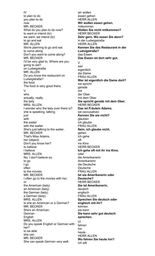IV 
to plan to do 
you plan to do 
now 
MR. BECKER 
What do you plan to do now? 
to want or intend (to) 
we want, we intend (to) 
to go and eat 
MR. ALLEN 
We're planning to go and eat. 
to come along 
Don't you want to come along? 
MR. BECKER 
I'd be very glad to. Where are you 
going to eat? 
on Ludwigstraße 
MR. ALLEN 
Do you know the restaurant on 
Ludwigstraße? 
the food 
The food is very good there. 
V 
who 
actually, really 
the lady 
MRS. ALLEN 
I wonder who the lady over there is? 
she is speaking, talking 
just 
with 
the waiter 
with the waiter 
She's just talking to the waiter. 
MR. BECKER 
That's Miss Adams. 
her (object) 
Don't you know her? 
to believe 
I believe 
MRS. ALLEN 
No, I don't believe so. 
to go 
I go 
often 
to the movies 
MR. BECKER 
I often go to the movies with her. 
or 
the American (lady) 
an American (lady) 
the German (lady) 
a German (lady) 
MRS. ALLEN 
Is she an American or a German? 
MR. BECKER 
She's an American. 
German 
English 
MRS. ALLEN 
Do you speak English or German with 
her? 
to be able 
she can 
MR. BECKER 
She can speak German very well. 
wir wollen 
essen gehen 
HERR ALLEN 
Wir wollen essen gehen. 
mitkommen 
Wollen Sie nicht mitkommen? 
HERR BECKER 
Sehr gern. Wo essen Sie denn? 
in der Ludwigstraße 
HERR ALLEN 
Kennen Sie das Restaurant in der 
Ludvigstraße? 
das Essen 
Das Essen ist dort sehr gut. 
V 
wer 
eigentlich 
die Dame 
FRAU ALLEN 
Wer ist eigentlich die Dame dort? 
sie spricht 
gerade 
mit 
der Ober 
mit dem Ober 
Sie spricht gerade mit dem Ober. 
HERR BECKER 
Das ist Fräulein Adams. 
sie (accusative) 
Kennen Sie sie nicht? 
glauben 
ich glaube 
FRAU ALLEN 
Nein, ich glaube nicht. 
gehen 
ich gehe 
oft 
ins Kino 
HERR BECKER 
Ich gehe oft mit ihr ins Kino. 
oder 
die Amerikanerin 
Amerikanerin 
die Deutsche 
Deutsche 
FRAU ALLEN 
Ist sie Amerikanerin oder 
Deutsche? 
HERR BECKER 
Sie ist Amerikanerin. 
deutsch 
englisch 
FRAU ALLEN 
Sprechen Sie deutsch oder 
englisch mit ihr? 
können 
sie kann 
Sie kann sehr gut deutsch 
sprechen. 
VI 
fahren 
hin 
heute 
HERR ALLEN 
Wo fahren Sie heute hin? 
ich will 
 