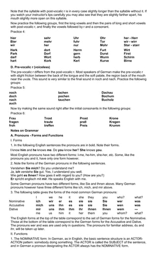Note that the syllable with post-vocalic r is in every case slightly longer than the syllable without it. If 
you watch your instructor's lips carefully you may also see that they are slightly farther apart, his 
mouth slightly more open on this syllable. 
Now practice the following groups, first the long vowels and then the pairs of long and short vowels 
with post-vocalic r, and finally the vowels followed by r and a consonant. 
Practice 4: 
hier 
sehr 
Uhr 
Ohr 
her - Herr 
Bier 
mehr 
fuhr 
Tor 
wir - wirr 
wir 
her 
nur 
Mohr 
Star - starr 
Hark 
dort 
Herrn 
Furt 
Wirt 
Park 
Dorf 
gern 
Durst 
First 
darf 
Wort 
herb 
Wurm 
Schirm 
hart 
Kork 
Kerl 
Kurve 
Birne 
D. Pre-vocalic r (voiceless) 
The pre-vocalic r differs from the post-vocalic r. Most speakers of German make the pre-vocalic r 
with slight friction between the back of the tongue and the soft palate, the region back of the mouth 
near the uvula. This sound is very similar to the final sound in noch and nach. Practice the following 
groups: 
Practice 5: 
noch 
lachen 
Dachau 
doch 
pochen 
Bochum 
nach 
tauchen 
Bucholz 
auch 
Now try making the same sound right after the initial consonants in the following groups: 
Practice 6: 
Frau 
Trost 
Prost 
Krone 
fragen 
traute 
prall 
Kragen 
froh 
treffen 
Preis 
Krumm 
Notes on Grammar 
A. Pronouns - Forms and Functions 
I. Forms 
1. In the following English sentences the pronouns are in bold. Note their forms. 
I know him and he knows me. Do you know her? She knows you. 
Most English pronouns have two different forms: I-me, he-him, she-her, etc. Some, like the 
pronouns you and it, have only one form however. 
2. Note the forms of the German pronouns in the following sentences. 
Verstehen Sie mich? Do you understand me? 
Ja, ich verstehe Sie gut. Yes, I understand you well. 
Wie geht es Ihnen? How goes it with regard to you? (How are you?) 
Er spricht englisch mit mir. He speaks English with me. 
Some German pronouns have two different forms, like Sie and Ihnen above. Many German 
pronouns however have three different forms like ich, mich, and mir above. 
3. The following table gives the forms of the most common German pronouns: 
I we he it she they you who? what? 
Nominative ich wir er es sie sie Sie wer was 
Accusative mich uns ihn es sie sie Sie wen was 
Dative mir uns ihm ihm ihr ihnen Ihnen wem --- 
me us him it her them you whom? what? 
The English forms at the top of the table correspond to the set of German forms for the Nominative. 
Those at the bottom of the table correspond to the German forms for the Accusative and Dative. 
The pronouns wer and was are used only in questions. The pronouns for familiar address, du and 
ihr, will be taken up later. 
II. Functions 
1. The NOMINATIVE form: In German, as in English, the basic sentence structure is an ACTOR-ACTION 
pattern: somebody doing something. The ACTOR is called the SUBJECT of the sentence, 
and in German a pronoun designating the ACTOR always has the NOMINATIVE form. 
 