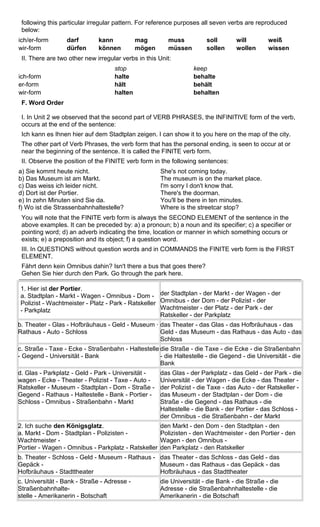 following this particular irregular pattern. For reference purposes all seven verbs are reproduced 
below: 
ich/er-form darf kann mag muss soll will weiß 
wir-form dürfen können mögen müssen sollen wollen wissen 
II. There are two other new irregular verbs in this Unit: 
stop keep 
ich-form halte behalte 
er-form hält behält 
wir-form halten behalten 
F. Word Order 
I. In Unit 2 we observed that the second part of VERB PHRASES, the INFINITIVE form of the verb, 
occurs at the end of the sentence: 
Ich kann es Ihnen hier auf dem Stadtplan zeigen. I can show it to you here on the map of the city. 
The other part of Verb Phrases, the verb form that has the personal ending, is seen to occur at or 
near the beginning of the sentence. It is called the FINITE verb form. 
II. Observe the position of the FINITE verb form in the following sentences: 
a) Sie kommt heute nicht. 
She's not coming today. 
b) Das Museum ist am Markt. 
The museum is on the market place. 
c) Das weiss ich leider nicht. 
I'm sorry I don't know that. 
d) Dort ist der Portier. 
There's the doorman. 
e) In zehn Minuten sind Sie da. 
You'll be there in ten minutes. 
f) Wo ist die Strassenbahnhaltestelle? 
Where is the streetcar stop? 
You will note that the FINITE verb form is always the SECOND ELEMENT of the sentence in the 
above examples. It can be preceded by: a) a pronoun; b) a noun and its specifier; c) a specifier or 
pointing word; d) an adverb indicating the time, location or manner in which something occurs or 
exists; e) a preposition and its object; f) a question word. 
III. In QUESTIONS without question words and in COMMANDS the FINITE verb form is the FIRST 
ELEMENT. 
Fährt denn kein Omnibus dahin? Isn't there a bus that goes there? 
Gehen Sie hier durch den Park. Go through the park here. 
1. Hier ist der Portier. 
a. Stadtplan - Markt - Wagen - Omnibus - Dom - 
Polizist - Wachtmeister - Platz - Park - Ratskeller 
- Parkplatz 
der Stadtplan - der Markt - der Wagen - der 
Omnibus - der Dom - der Polizist - der 
Wachtmeister - der Platz - der Park - der 
Ratskeller - der Parkplatz 
b. Theater - Glas - Hofbräuhaus - Geld - Museum · 
Rathaus - Auto - Schloss 
das Theater - das Glas - das Hofbräuhaus - das 
Geld - das Museum - das Rathaus - das Auto - das 
Schloss 
c. Straße - Taxe - Ecke - Straßenbahn - Haltestelle 
- Gegend - Universität - Bank 
die Straße - die Taxe - die Ecke - die Straßenbahn 
- die Haltestelle - die Gegend - die Universität - die 
Bank 
d. Glas - Parkplatz - Geld - Park - Universität - 
wagen - Ecke - Theater - Polizist - Taxe - Auto - 
Ratskeller - Museum - Stadtplan - Dom - Straße - 
Gegend - Rathaus - Haltestelle - Bank - Portier - 
Schloss - Omnibus - Straßenbahn - Markt 
das Glas - der Parkplatz - das Geld - der Park - die 
Universität - der Wagen - die Ecke - das Theater - 
der Polizist - die Taxe - das Auto - der Ratskeller - 
das Museum - der Stadtplan - der Dom - die 
Straße - die Gegend - das Rathaus - die 
Haltestelle - die Bank - der Portier - das Schloss - 
der Omnibus - die Straßenbahn - der Markt 
2. Ich suche den Königsglatz. 
a. Markt - Dom - Stadtplan - Polizisten - 
Wachtmeister - 
Portier - Wagen - Omnibus - Parkplatz - Ratskeller 
den Markt - den Dom - den Stadtplan - den 
Polizisten - den Wachtmeister - den Portier - den 
Wagen - den Omnibus - 
den Parkplatz - den Ratskeller 
b. Theater - Schloss - Geld - Museum - Rathaus - 
Gepäck - 
Hofbräuhaus - Stadttheater 
das Theater - das Schloss - das Geld - das 
Museum - das Rathaus - das Gepäck - das 
Hofbräuhaus - das Stadttheater 
c. Universität - Bank - Straße - Adresse - 
Straßenbahnhalte-stelle 
- Amerikanerin - Botschaft 
die Universität - die Bank - die Straße - die 
Adresse - die Straßenbahnhaltestelle - die 
Amerikanerin - die Botschaft 
 