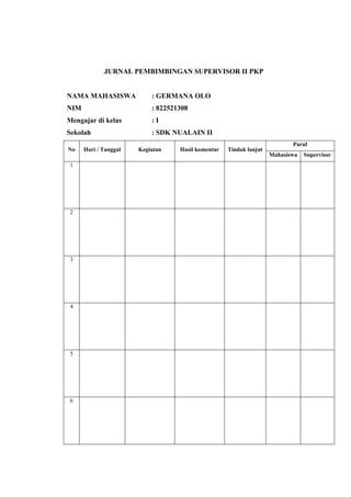 JURNAL PEMBIMBINGAN SUPERVISOR II PKP 
NAMA MAHASISWA : GERMANA OLO 
NIM : 822521308 
Mengajar di kelas : I 
Sekolah : SDK NUALAIN II 
No Hari / Tanggal Kegiatan Hasil komentar Tindak lanjut 
Paraf 
Mahasiswa Supervisor 
1 
2 
3 
4 
5 
6 
 