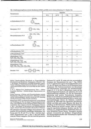 Tab. 1: Epikutantestergebnisse mit den Berufsnoxen MXo.- und EDA sowie weiteren Diaminen; V = Vaselin. flav.
                                                                                           Patienten
Testsubstanzen              ..
                                                                    S. E.-         R. W.               F. R.       H.S.

                                                CH 2NH 2

m-Xylylendiamin 0.1 % V
                                             ©i         CH 2NH 2
                                                                    ++            +++                  ++           ++      .,




Benzylamin I % V                           @-CH 2-NH 2               +            +++                       +       ++       ,
                                                                                                                             ,
         .

                                            CH 2-CH 2-NH 2
                                      --
Phenylethylenamin I % V
                                           © -                       -              -                   -           (+)




m-Phenylendiamin I %V
                                                 SNH>                -              -                   -            -

o-Phenlyendiamin I % V                                               -              -                   -            -
p-Phenylendiamin I % V                                               -              -                   -            -
Ethylendiamin I % V                                                  +             ++                   +            +
H 2N-CH 2-CH 2-NH 2
Propylendiamin I % V                                                 -              -                   -            -
H2N-CH2-CH2-CH2-NH2
Butylendiamin I % V                                                 (+)             -                   -            -
H2N-CH2-CH2-CH2-CH2-NH2


Benzidin I % V                   H2N-@---@-NH2                      (+)             -                   -            -




Befunrl: Papulovesikulöse Ekzemherde an Fingerendgliedern            Patienten S.E. und R. W; zeigte sich eine unverminderte
(Streckseiten) und Handrücken. Epikutantests: Diamine s. Tab.        Persistenz der Testreaktionen bis zum 7. Tag. MXDA
I, alle übrigen 10 Berufsnoxen und DDR-Standardtest negativ.         0,1 % Vergab bei drei eigenen Kontrollprobanden sowie
Verlauf: Abheilung. Gelegentlich leichte Rezidive, ebenfalls pro-    131 der 135 durch van Putten et aI. [7] Getesteten keine
voziert durch MXDA-haltige Luft in der Nähe des alten Arbeits-       Reaktionen. Die Testkonzentrationen von Benzylamin
platzes.
                                                                     und Ethylendiamin entsprechen den Schrifttumserfah-
4. H. S., 18jährige Frau. Familienanamnese: Vater - Asthma           rungen [1, 2, 3, 5]. Die (+ )-Reaktionen waren auf das
bronchiale, Schwester - Rhinitis allergica. Eigenanarrinese: un-
auffällig.
                                                                     Testareal begrenzte Erytheme, die spätestens 24 h nach
                                                                     Pflasterentfernung abblaßten. Da auf der Rückenhaut
Jetzige Anamnese: 4 Monate nach Expositionsbeginn erstmals
Ekzemherde an Händen und Unterarmen. Abheilung im Urlaub
                                                                     gleichzeitig stark positive Testreaktionen bestanden,
und bei Arbeitsunfähigkeit. Rezidive jeweils ab 2.13. Arbeitstag     dürften sie am ehesten als nichtallergische Mitreaktionen
mit Ekzemstreuung an Hals, Gesicht und Ohren.                        im Sinne des Angry-back-Syndroms [6] zu werten sein.
Befund (nach APW, zum Begutachtungstermin): Leichte Rötung           Testwiederholungen lehnten die Patienten verständli-
und Verdickung der Haut an einigen Fingergrundgelenkstreek-          cherweise ab. Daß außer den eigentlichen Berufsnoxen
seiten, zarte Närbchen an den Unterarmen (nach erodierten Ek-        MXDA und EDA noch andere Diamine (für deren Be-
zemherden). Akne vulgaris im Gesicht. Epikutantests: Diamine         schaffung wir DC Schumann, VEB Kosmetik-Kombinat
s. Tab. I, alle übrigen 10 Berufsnoxen und DDR-Standardtest          Berlin, danken) mit getestet wurden, sollte der Aufklä-
negativ. Verlauf: Keine Ekzemrezidive (Kontrollzeit 6 Monate).       rung der eigentlichen allergenen Struktur und der Ver-
Die epikutanen Testungen erfolgten mit Leukotest®, Ex-               meidung evt. gruppenallergischer Reaktionen beim wei-
position 24 h auf klinisch unauffälliger Rückenhaut, Ab-             teren beruflichen Einsatz dienen. Vorsorglich ebenfalls
lesung nach 24, 48 und 72 h. In Tab. 1 sind die maxi-                getestete Arzneimittel mit denkbarer Gruppenallergie
malen Testreaktionen vom 2. oder 3. Tag nach Entfer-                 wie Diaminodiphenylsulfon oder Trimethoprim ergaben
nung der Pflaster angegeben. Bei den stationär getesteten            keinerlei Reaktionen.
Dermatosen 38. Heft 4 (1990)
Richter el al. - Kontaktekzeme dureh m.X)I)lcn-diamin                                                                     119



                          Material ma be protected by copyright law (Title 17, U.S. Code)
 