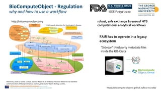 BioComputeObject - Regulation
why and how to use a workflow IEEE P2791-2020
robust, safe exchange & reuse of HTS
computational analytical workflows
http://biocomputeobject.org
Alterovitz, Dean II, Goble, Crusoe, Soiland-Reyes et al “Enabling Precision Medicine via standard
communication of NGS provenance, analysis, and results” PLOS Biology 2018m,
https://doi.org/10.1371/journal.pbio.3000099
https://biocompute-objects.github.io/bco-ro-crate/
“Sidecar” third party metadata files
inside the RO-Crate
FAIR has to operate in a legacy
ecosystem
format
 