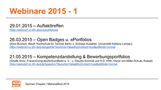 Webinare 2015 - 1
29.01.2015 – Auftakttreffen
https://webconf.vc.dfn.de/europortfoliode
26.03.2015 – Open Badges u. ePortfolios
(Ilona Buchem, Beuth Hochschule für Technik Berlin u. Andreas Auwärter, Universität Koblenz-Landau)
https://webconf.vc.dfn.de/p3ijogjpoh6/?launcher=false&fcsContent=true&pbMode=normal
21.05.2015 – Kompetenzdarstellung & Bewerbungsportfolios
(Sibylle Würz, FrauenComputerZentrumBerlin e. V. u. Claudia Schmidt und H.D. Hirth, Oscar-von-Miller-Schule, Kassel)
https://webconf.vc.dfn.de/p9e5yjawdcn/?launcher=false&fcsContent=true&pbMode=normal
German Chapter / MaharaMoot 2015
 