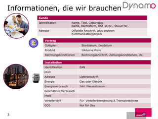 Informationen, die wir brauchen Kunde Identifikation  Name, Titel, Geburtstag Name, Rechtsform, UST-Id-Nr., Steuer-Nr. Adresse Offizielle Anschrift, plus anderen Kommunikationsdetails Vertrag Gültigkei Startdatum, Enddatum Produkt Inklusive Preis Rechnungskonditionen Rechnungsanschrift, Zahlungskonditionen, etc. Installation Identifikation EAN DGO Adresse Lieferanschrift Energie Gas oder Elektrik Energieverbrauch Inkl. Messzeitraum Geschätzter Verbrauch Profil Verteilertarif Für  Verteilerberechnung & Transportkosten GOS Nur für Gas 
