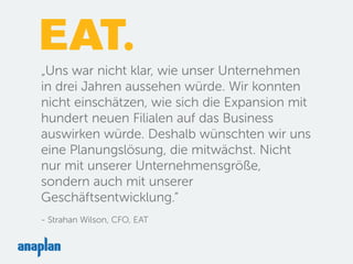 „Uns war nicht klar, wie unser Unternehmen
in drei Jahren aussehen würde. Wir konnten
nicht einschätzen, wie sich die Expansion mit
hundert neuen Filialen auf das Business
auswirken würde. Deshalb wünschten wir uns
eine Planungslösung, die mitwächst. Nicht
nur mit unserer Unternehmensgröße,
sondern auch mit unserer
Geschäftsentwicklung.“
- Strahan Wilson, CFO, EAT
 