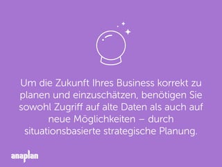 Um die Zukunft Ihres Business korrekt zu
planen und einzuschätzen, benötigen Sie
sowohl Zugriff auf alte Daten als auch auf
neue Möglichkeiten – durch
situationsbasierte strategische Planung.
 