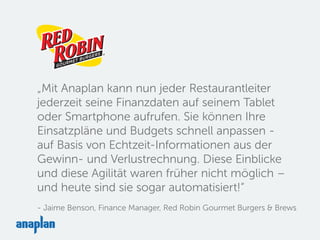 „Mit Anaplan kann nun jeder Restaurantleiter
jederzeit seine Finanzdaten auf seinem Tablet
oder Smartphone aufrufen. Sie können Ihre
Einsatzpläne und Budgets schnell anpassen -
auf Basis von Echtzeit-Informationen aus der
Gewinn- und Verlustrechnung. Diese Einblicke
und diese Agilität waren früher nicht möglich –
und heute sind sie sogar automatisiert!“
- Jaime Benson, Finance Manager, Red Robin Gourmet Burgers & Brews
 