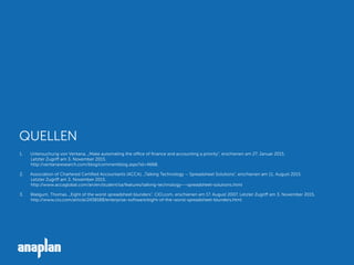 QUELLEN
1. Untersuchung von Ventana, „Make automating the office of ﬁnance and accounting a priority“, erschienen am 27. Januar 2015.
Letzter Zugriff am 3. November 2015.
http://ventanaresearch.com/blog/commentblog.aspx?id=4668.
2. Association of Chartered Certiﬁed Accountants (ACCA), „Talking Technology – Spreadsheet Solutions“, erschienen am 11. August 2015.
Letzter Zugriff am 3. November 2015.
http://www.accaglobal.com/an/en/student/sa/features/talking-technology---spreadsheet-solutions.html
3. Wailgum, Thomas. „Eight of the worst spreadsheet blunders“, CIO.com, erschienen am 17. August 2007. Letzter Zugriff am 3. November 2015.
http://www.cio.com/article/2438188/enterprise-software/eight-of-the-worst-spreadsheet-blunders.html
 