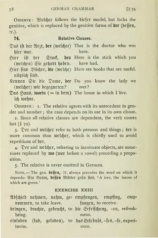 GEfD1AN CR:Ml1AR
ÜBSERVE : ~"Sefd)er follows the bicfer rnodel, but Jacks the
genitive, which is replaced by the genitive forms of bcr (bejien,
2C.).
74. Relative Clauses.
~a{ ift ber ~(r3t, bcr (luefdJer)
f)icr luar.
,')icr ijt brr etocf, bcn
(luddJcn) 2ic gef)11bt fJaflcn.
.')ier Hnb ~HidJer, bic (luddJe)
nii~lidJ finb.
Sicnnen €ic bic 't'ame, bcr
(l11eldJer) wir (1cgcgnctcn?
'.Da~ ,~au~, luorin (= in bem)
icf) wo~ne.
That is the doctor who was
here.
Here is the stick which you
have had.
Here are books that are usefnl.
Do you know the lady we
met?
The house in which 1 live.
ÜBSERVE : 1. The relative agrees with its antecedent in gen-
der and number; the case depends on its use in its own clause.
z. Since all relative clanses are dependent, the verb comes
last(§ 70).
3. '.i)er and Wefd)Cl' refer to both persons and things ; bcr is
more common than wcfdJer, which is chiefty used to avoid
repetitions of bcr.
4. 't'er and wcfcfJer, referring to inanimate objects, are some-
times replaced by lUO (wor before a 'Owel) preceding a prepo-
sition.
5. The relative is never omitted in German.
NoTE. - The gen. l'lcffcu, 2C. always prececles the word on which it
depends: C!in ~aum, l'lcifcu 5Bfättn griin finb, 'A tree, the leaves of
which are green. '
EXERCISE XXIII
empfangen, empfing, emp==
fimgcn, to receive.
füifdJieb nefJmen, nalJm, ge==
nommen, to take leave.
flringen, brndJte, geflrad)t, to bie CS:rfrifd)ttng, -en, refresh-
bring. ment.
einfaben (fub, gefoben), to ba{ CS:rfcfmi~, -fc{, -fe, experi·
invite. ence.
 