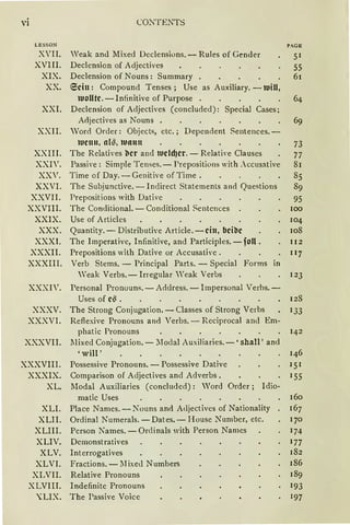 LESSON
XVII.
XVlII.
XIX.
XX.
XXI.
XXII.
XXIII.
XXIV.
XXV.
XXVI.
XXVII.
XXVIII.
XXIX.
XXX.
XXXI.
XXXII.
XXXIII.
XXXIV.
XXXV.
XXXVI.
XXXVII.
:XXXVIII.
XXXIX.
XL.
XLI.
XLII.
XLIII.
XLIV.
XLV.
XLVI.
XLVII.
XLVIII.
~LIX.
CONTENTS
Veak ancl Mixed Declensions. - Rules of Gender
Declension of Adjectives
Declension of Nouns: Summary .
6citt: Compound Tenses; Use as Auxiliary. - lUill,
lJOUtc.-Infinitive of Purpose .
Declension of Adjectives (concluded): Special Cases;
Adjectives as Nouns .
Vord Order: Objects, etc.; Dependent Sentences. -
lJCttlt, tl{~, lJlltttt
The RelatiYes lcr and lucld)cr. - Relati'e Clauscs
Passi,·e: Simple Tenses.- Prepositions with .ccusative
Time of Day. -Genitive of Time.
The Subjunctive. - I ndirect Statements and Questions
Prepositions with Dative
The Conditional. - Conditional Scntcnces
Use of Articles
Quantity. - Distributive Article. -eilt, bettle
The Imperative, Infinitive, and Participles. - foll .
Prepositions with Dative or Accusative.
Verb Sterns. - Principal Parts. - Special Forms in
Weak Verbs.- lrregular Weak Verbs
Personal Pronoum. - Address. - 1mpersonal Verhs. -
Uses of c~.
The Strong Conjugation. - Classes of Strong Vcrbs
Reflexive Pronouns and Verbs. - Reciprocal and Em-
phatic Pronouns
llixed Conjugation. - Modal Auxiliaries. - 'shall' and
•will'
Possessive Pronouns. - Possessive Dative
Comparison of Adjectives and Adverbs.
Modal Auxiliaries (concluded): Word Order; Idio-
matic Uses
Place Names.-Nouns and Acljectives ofNationality
Ordinal Numerals.-Dates.-House Number, etc.
Person Names. -Ordinals with Person Names
Demonstratives
Interrogatives
Fractions. - i1 ixell Numbers
Relative Pronouns
Indefinite Pronouns
The Passive Voice
P .~GH
51
55
61
73
77
81
85
89
95
100
104
108
112
117
123
128
133
16o
167
170
174
177
182
186
189
193
197
 