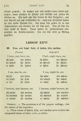 § SS] LESSON XX'!
(Hode geuecft ; fie tuacf)en auf unb müfien bann fofort auf::
jtdJcn ; btrnn tuajdJen jie ~)änbe unb G)ejicf)t unb 3idJen bie
SHeiber an. mil3 lJa(b adJt lllJr fernen fic ifJre 2(nfgaben ; um
brei ~iertel auf acf)t friilJitiicfen fie ; nadJ bem ~riifJjtücf (Jaben
fie eine l)afbe etunbe frei. llm neun ll{Jr gel)en iie in baiS
~dJuf3immer unb bleiben bi~ elf llfJr bort. ~~on eff lUJr bi~
tinlb 3uö(f ijt i3aufe. 'Dann l)aben iie ßcid)enjtunbe ober
arbeiten im -Stubier3immer. llm ein lll)r tDirb 3u 9Jlittag
gegeifrn.
LESSON XXVI
88. Pres. and Impf. Subj. of l1n6cn, fcin, lucrbcn.
Present.
I have, may have, etc.
icf) l1auc uir lJaben
bu lJabrjt HJr habrt
er ~abc ne ~abcn
I am, may be, etc.
id) fei
bu feicjt
er fei
uir feien
ilJr feict
iie feien
I become, may become, etc.
idJ Derbe
bu uerbcjt
er uerbc
Dir uerben
HJr llerbct
fie Derben
Impe1f{'rf.
I had, might have, etc.
idJ ~ättc uir f)ätten
bu fJiittejt ihr f)ättct
er (Jätte fic lJiitten
I was, might be, etc.
icf) rnärc
bu 11iircjt
er tniirc
tuir lDären
HJr luärct
fie uären
I became, might become, etc
idJ uürbe
bu Würbejt
er Diirbe
Dir uürbcn
ifJr lUJrbet
fie lDürben
ÜBSERVE : 1. The persistent e of the present endings ; also
the umlaut of the imperfect.
2. These tenses of l)auen, fein, ancl uerben serve to form the
compound tenses of other verbs, as below.
 