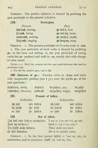 114 GEH.MAN GRAMJ1AR [§ 119
ÜBSERVE: The perfect infinitive is formed by prefixing the
past participle to the present infinitive.
119. Participles.
Present. Pas/.
~ab cub, having. gc f)ab t, had.
fei cnb, being.
madJ cnb, making.
fing cnb, singing.
gc 1uef cn, been.
gc madJ t, made.
gc fung cn, sung.
ÜBSERVE: r. The present participle of all verbs ends in -cnb.
2. The past participle of weak verbs is formed by prefixing
gc- to the stem and adding -t; the past participle of strong
verbs has gc- prefixed and ends in -cn, usually also with change
of stem vowel.
NoTES. - I. Both the present and the past participles are also used as
attributi·e adjs.
2. For the fut. passive patt., see § 296.
120. Omission of gc-. Foreign verbs in - icrcn and verbs
with inseparable prefixes (see § 5 I) omit the prefix gc- of the
past participle :
itubierrn, study, ftubirrt
entbeden, discover, entbedt
faqaf)frn, pay,
t1crgeffen, forget,
121. Present of follen.
lndicatiz1e. S11bj11uctive.
(1e3alJft
oergeifen
id) foff 111ir foffen idJ foffr lllir foffen
bn foUit if)r follt bu folfrft if)r foffet
er foff fic foffrn er foHe fie foffen
122. Use of fuffcn.
3dJ foli (luir fotlrn) att~ßC{JCH. I am to (we are to) go out.
8011 idJ bleiben? Shall l pm l to) stay?
·nu foffft nidJt fte~{eu. Thon shalt not steal.
G:r foff fommen. He is to (shall) come.
ÜBSERVE.: r. In the first person fo(fcn = 'am to,' etc., in
statements, and in questions · shall' or 'am to,,' etc,
 