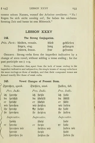 LESSON XXXV 133
nannte seinen Namen, worauf der Arbeiter erwiderte : "Na!
Regen Sie sich nicht unnötig auf; Sie haben bis nächsten
Sonntag Zeit und heute ist erst Mittwoch."
LESSON XXXV
144. The Strong Conjugation.
Pri11. Parts: {Jfeiben, remain.
finoen, sing.
frieren, freeze.
bfie6
fllllß
fror
gebfieben
gefungcn
gefroren
ÜBSERVE : Strang verbs form the imperfect indicative by a
change of stem vowel, without adding a tense ending; for the
past participle see § r r9.
NOTE. - Remember that, apart from the Jack of tense enJing in the
imperfect indicative anJ subjunctive, the simple tenses of strong verbs have
the same enJings as those of macf)en, and that their compound tenses are
1 formed exactly like those of weak verbs.
145. Vowel Changes of Present Stern.
1e'pml)en, speak. i2tefJ(rn, steal. (Ynffen, fall.
Prt's. In.iic. Pres. I11dic. Prcs. lndic.
idJ fpredJe icf) ftefJfe idJ fnHe
bu ipridJ jt bu ftichfft bu fäffft
er fpridJt t'l' jticl)lt er fäfft
lllir fpred)en lllir jtel)frn iuir fnlfen
if)r fpredJt 11)r ftef)l t if)r fntft
fie jprerfJen fir jtd)ll'll fit' fnlft'll
/111jt'ratil't'. .lmprr11 lt°'l't'. lmjic·ratii•e.
fprid) fticl)l fn-lle
er fpredic l'I' fte!Jle er fnUe
fpred1en wir ftefJ(en lllir fnlfen toil
fpred)t jtelJ(t fallt
fprccfJcn jie jtef)fett fie fnUen fic
 