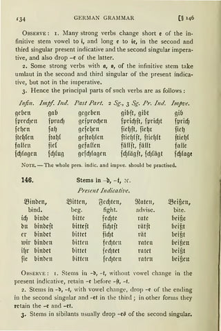 134 GERiIAN GRAMMAR
ÜBSERVE : r. lfany strong verbs change short e of the in.
finitive stem vowel to i, and long e to ic, in the second and
third singular present indicative and the second singular impera-
tive, and also drop -e of the latter.
2. Some strong verbs with a, o, of the infinitive stem take
umiaut in the second and third singular of the present indica-
tive, but not in the imperative.
3. Hence the principal parts of such verbs are as follows :
Injin. Impf. Iwl.
geben gab
fprecfJen fµrndJ
fef)en fafJ
fte(Jfen ftal)f
faHen fief
fcfJfagen fcfJ(Ug
Past Pari. 2 Sg., 3 Sg. Pr. lnd.
gegeben gibft, gibt
!)efprOcfJen fpricfJft, fpricf)t
gefef)en fief)ft, fiel)r
geftofJfen ftieqfft, ftief)ft
gefaffen fäffjt, fäHt
gefdJfagen fcfJfägft, fdJfligt
Impve.
giu
fµricf)
fiel)
jtielJ(
faHe
fcf)fage
NOTE. -The whole pres. indic. and impve. should be practised.
146. Sterns in -b, -t, ~c.
Present l11dicatiz1e,
5Binben, 5Bitten, ßed)ten, 9laten, 5Seif)en,
bind. beg. fight. advise. bite.
icJ) binbe bitte fecfJte rnte beif,e
bu binbcft &ittcft fidJtft riitft (1eif)t
er oinbct (1ittct fid)t riit beif)t
wir binben (1itten fedJtrn rnten beif,en
if)l' flinbrt bittet fedJW rnM beif;t
fie binben (1ittrn fed)trn rntrn 11eif;en
ÜHSER'E: I. Stems in -b, -t, witho11t 'Owel change in the
present indicative, retain -c uefore -it, -t.
2. Sterns in - b, -t, with vowel change, clrop -c of the ending
in the second singular and -et in the third; in other forms they
retain the -e and -et.
3. Sterns in sibilants usually drop -e~ of the second singu,lar.
 