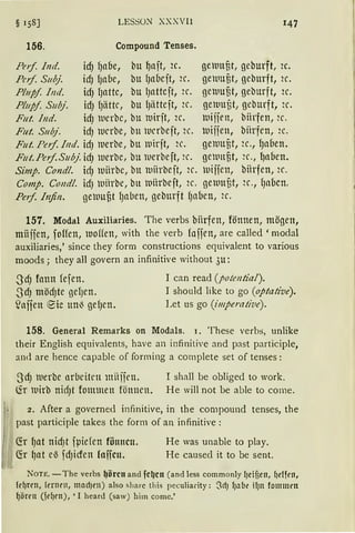 LESSON XXXVII 147
156. Compound Tenses.
Pof. 11Ul. icf) l)abe, bu l)aft, 2c. geumfit, geburft, 2c.
Pcif. S11bj. icfJ fJabe, bu fJnbcft, 2c. getllllüt, geburft, 2c.
Pl11pf f1Ut. icfJ fJattc, bu lJatteft, 2c. grn1uut, geburft, 2c.
Pl11pf Sub}. idJ fJättc, bu {Jlitteft, 2c. getuuüt, geburft, 2c.
Fut. lud. icf) 111erbc, bu tuirft, 2c. luijien, biirfen, 2c.
Fut. Subj. icf) werbe, bu llcrbeft, 2c. uiffen, bürfen, 2c.
Fut. Peif. lnd. idJ rnerbe, bu wirft, 2c. gewuüt, 2c., fJnuen.
F11t.Peif.S11bj. id) tuerbe, bu t1erbeft, 2c. gellttfit, 2c., {)auen.
Simp. Condl. id) tuiirbe, bu tuiirbeft, 2c. luijjen, biirfen, 2c.
Comp. Condl. icfJ luitrbe, bu luiirbeft, 2c. gelunüt, 2c., fJaben.
Pe1f. 111.ftn. geluufit fJaben, geburft fJabeu, 2c.
157. Modal Auxiliaries. The verbs biirfen, fönnen, mögen,
miijfen, foffen, luoffen, with the verb foffen, are called 'modal
auxiliaries,' since they form constructions equivalent to various
moods; they all govern an infinitive without 3u:
ScfJ fann fefen.
ScfJ mödJte gelJen.
SJafien ~.ie un{ gefJen.
I can read (potential).
I should like to go (optative).
Let us go (imperative).
158. General Remarks on Modals. 1. These verhs, unlike
their English equivalents, have an infinitive and past participle,
and are hence capable of forming a complete set of tenses :
SdJ tuerbe arbeiten miiffen.
(fr luirb nidJt fommen fönncn.
I shall be obliged to work.
He will not be able to come.
2. After a governed infinitive, in the compound tenses, the
past participle takes the form of an infinitive :
fü lJat nidJt fµiefen fönncn.
fü l)at eß fdJicfen laffen.
He was unable to play.
He causecl it to be sent.
NOTE. -The verbs ~örcn and fcl)Clt (and less commonly IJeifien, (Jdfrn,
fr~rrn, frrnrn, mad)rn) also sharc this peculiarity: ~d) l)l'lbe il)ll fommm
~örrn (ldJrn), '1 heard (saw) him comc.'
 