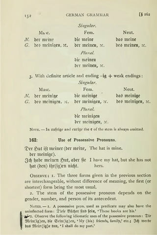 GERMAN GRA~llIAR
llo. ;C.
N. ber mrini:
G. be0 rnciniqen, ic.
Singular.
Fern.
bie meine
ber meinen, H'.
Plural.
bil' meinen
ber meinen, ~e.
Neut.
ba~ meine
[§ 162
be-3 meinen, 2c.
3. With uefinite article and ending - ig + weak endings:
lIasc.
N. ber mcini~c
G. bc~ mcininm, :c.
Singular.
Fem.
bic meinige
ber meinincn, ic.
Fl11ral.
bic meinincn
bn mcini11c11, ~r.
Neut.
ba~ meinige
be~ meinh1en, ~c.
NoTE. - In nufrigl' and rnri(ll' the c of thc stcm is always omitted.
162: Use of Possessive Pronouns.
['er ,Put ijt meiner (ber mdne, The hat is mine.
ber meinige).
-~JdJ l)CTÜC meinen .put, auer fie I have my hat, but she has not
lJllt (ben) ifJr(ig)en nid)t. hers.
ÜBSERVE: 1. The three fonns given in the previous section
are interchangeable, without difference of meaning, the first (or
shortest) form being the most usual.
2. The stem of the possessive pronoun depends on the
gender, number, and person of its antecedent.
NoTES. - I. A possessive pron. used as predicate may also have the
uninflected form: '.I'idt' ~iidJt'r jiub fein, 'These books are his.'
~· Observe the following idiomatic uses of the possessive pronoun: '.'.Die
9J1du(ig)en, bie ®l'in(in)t>n, 'lIy (his) friends, family,' etc.; .SdJ iunbt'
ba{l 9JM11(ig)e tun, 'I shall do my part.'
 
