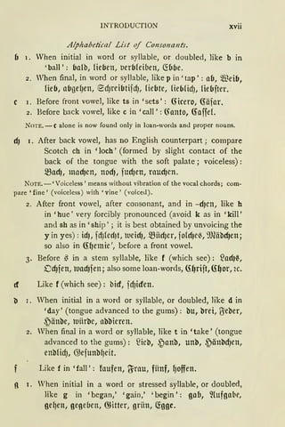INTRODUCTION xvii
A!phabetica! List of Co11so11a11ts.
6 1. When initial in word or syllable, or doubled, like b in
'ball': balb, lieben, 1.1erbfeiben, ~(Jbe.
2. When final, in ward or syllable, like p in' tap' : ab, 5IBeib,
lieb, abgelJen, ~dJreibtifdJ, liebte, füblidJ, liebfter.
c I. Before front vowel, like ts in 'sets' : (}icero, ßäfar.
2. Before back vowel, like c in 'call': (fonto, (foffef.
NOTE. - c alone is now found only in loan-words an<l proper nouns.
cf) 1. After back vowel, has no English counterpart ; compare
Scotch eh in 'loch' (formed by slight contact of the
back of the tongue with the soft palate ; voiceless) :
madJ, mad1en, nodL fud1en, raud1en.
NOTE. - 'Voiceless' means without vibration of the vocal chords; com-
pare 'fine' (voiceless) with 'vine' (voice<l).
2. After front vowel, after consonant, and in -dJen, like h
in 'hue' very forcibly pronounced (avoid k as in 'kill'
and sh as in' ship'; it is best obtained by unvoicing the
y in yes): icfJ, fdJfed)t, tuetcfJ, miict)Cr, fofdJC~, 9JläbcfJen;
so also in G:l)emie ', before a front vowel.
3. Before § in a stem syllable, like f (which see): ~ad)~,
Dcf)fen, tuadJfen; also some loan-words, G:l)rift,G:~or, 2c.
cf Like f (which see): bicf, fd)iden.
b 1. When initial in a ward or syllable, or doubled, like d in
'day' (tongue advanced to the gums): bu, brei, ~eber,
~änbe, tuiirbe, abbieren.
2. When final in a ward or syllable, like t in 'take 1
(tongue
advanced to the gums): füeb, ~anb, unb, ~önbd)en,
enblid), G>efunbl)eit.
Like f in 'fall': faufen, irrau, fünf, l)offen.
g 1. When initial in a word or stressed syllable, or doubled,
like g in 'began,' 'gain,' 'begin': gab, ~(ufga(H',
gel)en, gegeben, (})itter, grün, ~gge.
 