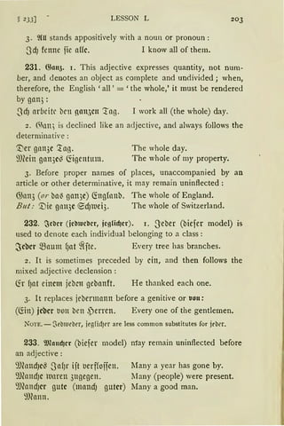 ~ 233] LESSON L
3. ~(U stands appositively with a noun or pronoun :
3dJ fenne fie affe. I know all of them.
203
231. ffi11u3. 1. This adjective expresses quantity, not num-
ber, and denotes an object as complete and undivided; when,
therefore, the English 'all' = 'the whole,' it must be rendered
by gan;:
3dJ arbeite ben gan,)elt '.tng. I work all (the whole) day.
2. (hrn; is declined like an adjective, and always follows the
determinative :
'.t'er gan3e ~ag. The whole day.
i'lfüin gan3e$ fögentmn. The whole of my property.
3. Before proper names of places, unaccompanied by an
article or other determinative, it rnay remain uninftected :
G;nn3 (or ba~ gan3e) (fogfonb. The whole of England.
B11t: '.Die gau3c ~dJlUei3. The whole of Switzerland.
232. ~cbcr (jcbtucbcr, jcgfüfJcr). 1. .geber (biefer model) is
used to denote each individual belonging to a dass :
~eber ~aum (Jat ~{fte. Every tree has branches.
2. lt is sometimes preceded by ein, and then follows the
mixed adjective declension :
~r fJat einem jebm gcbanft. He thanked each one.
3. lt replaces jebermann before a genitive or uon:
((iin) jeber tiott ben .perren. Every one of the gentlemen.
N OTE. - Srbiueber, jegtidJrr are less common substitutes for jeb~r.
233. 9fömrf)cr (biefer model)
an adjective :
9JfondJe~ ~Jaf)r ift oerffojfen.
9JfondJC luaren 3ugegen.
9JfondJer gute (mandJ guter)
~))fonn.
n1ay remain uninftected before
lIany a year has gone by.
lfany (people) were present.
Many a good man.
 