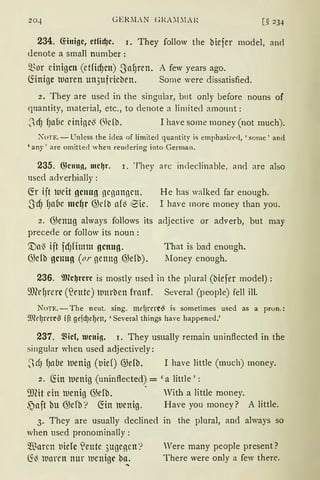 GEKMAN tiRA:.DIAR [§ 234
234. (fotigc, ctlid)c. 1. They follow the biefer rnodel, and
<lenote a small nurnber:
~3or einigen (etfidJm) 3nfJren. A few years ago.
fünige luaren un3ufricben. Some were dissatisfied.
2. They are used in the singular, but only before nouns of
quantity, material, etc., to denote a limited amonnt :
-8d) fJnÜc cininc~ ()c(b. I have some money (not much).
XuTE. - Unless the idea of limited quantity is emphasizerl, 'somc' and
'any' are omitted when rendering into German.
235. 6>cntt!l, mc~r. I. They are indeclinable, and are also
used adverbially:
G:r ift weit genug gegnngcn.
SdJ fJa{lc me~r @db nf~ Sie.
He has walked far enough.
I have more money than you.
2. @enug always follows its adjective or adverb, but may
precede or follow its noun :
'.Vn0 ift fdJfimm genug.
@efb genuo (orgcnttg @efb).
That is bad enongh.
lIoney enough.
236. 9fü~rcrc is mostly used in the plural (biefer model) :
inMJrere (?entc) lunrbcn frnnf. Several (people) fell ill.
NoTE. - The neut. sing. md)rrrc(l is sometimes used as a prun.:
9fü~rrrc(; ift gefd)l'~rn, 'Several things have happened.'
237. 'lHcl, wenig. 1. They usually remain uninflected in the
singular when used adjectively:
-SdJ f)nbe luenig (t1ie() @db. I have little (much) money.
2. G:in luenig (uninflected~ = 'a little' :
9Jfü ein luenig @db. With a little money.
,')aft bu @efb? fün luenig. Have you money? A little.
3. They are usually declined
when used pronominally:
$arcn t1iefc S!etttc 3ugegcn'?
(5'~ lunren nur lucnige b~
in the plural, and always so
Were many people present?
There were only a few there.
 