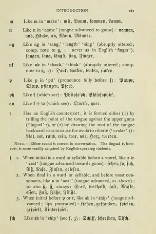 INTRODUCTION xix
m Like min 'make': mit, ~aum, fommen, ?amm.
n Like n in 'name' (tongue advanced to gums) : nennen,
unb, .5änbe, lltt, 9Jfonn, ~föinner.
ng Like ng in 'sang,' 'length' 'sing' (abruptly uttered;
comp. note to g, 1 ; never as in English 'finger '):
fanoen, fang, fängjt, fing, ~inoer.
nf Like nk in 'thank,' 'think' (abruptly utterecl; cornp.
note to g, 1): '.t'mtf, banfen, lenfen, finfett.
µ Like p in 'pit' (pronounce fully before f) : ~uµµe,
~iruµ, µffan3en, ~ferb.
µf) Like f (which see): ~{Jifofo'µf1 1 ~f)ifofoµt1ic'.
qu Like f + U (which see): Oncffe, qner.
r Has no English counterpart; it is formed either ( 1) by
trilling the point of the tongue against the upper gums
('lingual' r), or (2) by drawing the root of the tongue
backward so as to cause the uvula to vibrate (' uvular' r) :
ffiat, rot, nmb, rein, uar, 11ir, ,per3, 11erbctt.
NOTE. - Either sound is correct in conversation. The lingual r, how-
ever, is more rcadily acquired by English-speaking students.
1. Vhen initial in a word or syllable before a vowel, like z in
'zeal' (tongue advanced towards gums): fefJen, fo, fidJ,
fiiu, 9iofe, ßinfen, gefefen.
2. Vhen final in a word or syllable, and before most con-
sonants, like s in 'seal' (tongue advanced, as above) ;
so also f!, ff, always: G,51 a~, ue~fJaf6, faft, ~))(affe,
effen, ~uf!, ßiif?e, ?Jfiifie.
3. Vhen initial before µ or t, like sh in 'ship' (tongue a<l-
vanced; lips protruded) : fte~en, geftauben, fpiefen,
gefpieft, SHnberfpief.
fd) Like sh in 'ship' (see f, 3) : 6d)iff, frt)reiben, '..tifd).
 